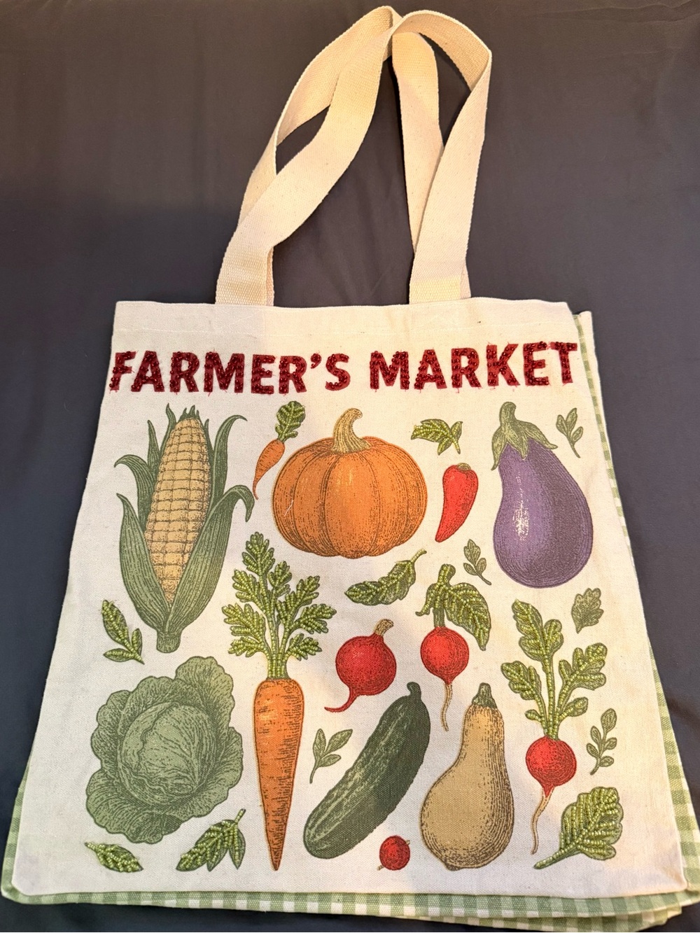 Beaded Farmer's Market Tote Bag with Vegetable Print - Cream - NEW - NO TAGS